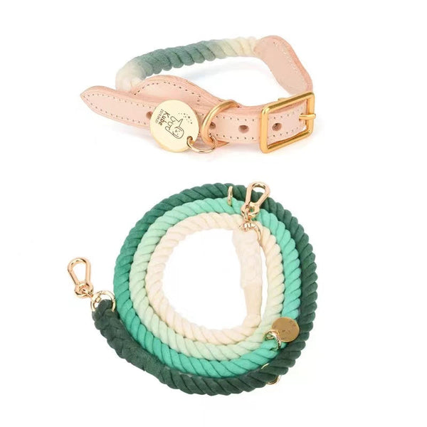 Petspuff Hands-Free Rope Leash & Luxe Leather Collar Bundle – Ombré Green | Handmade