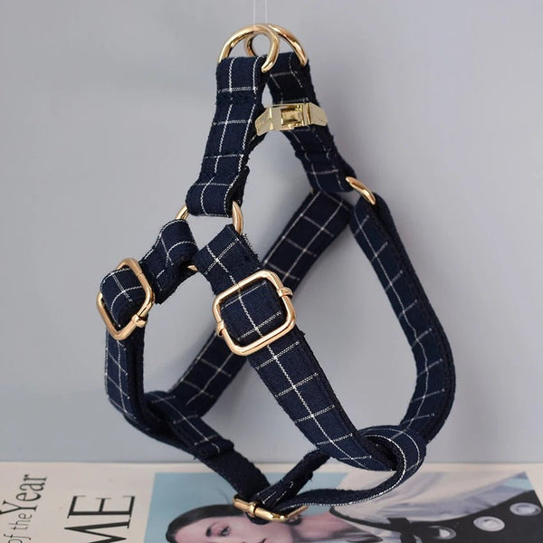 Petspuff Personalised Deep Blue Plaid Dog Harness & Lead – Engraved ID Tag | S–XL