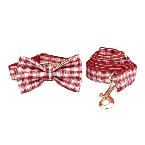 Petspuff Personalised Red Plaid Dog Collar, Harness & Lead Set – Engraved Name Tag & Bow | Style 28