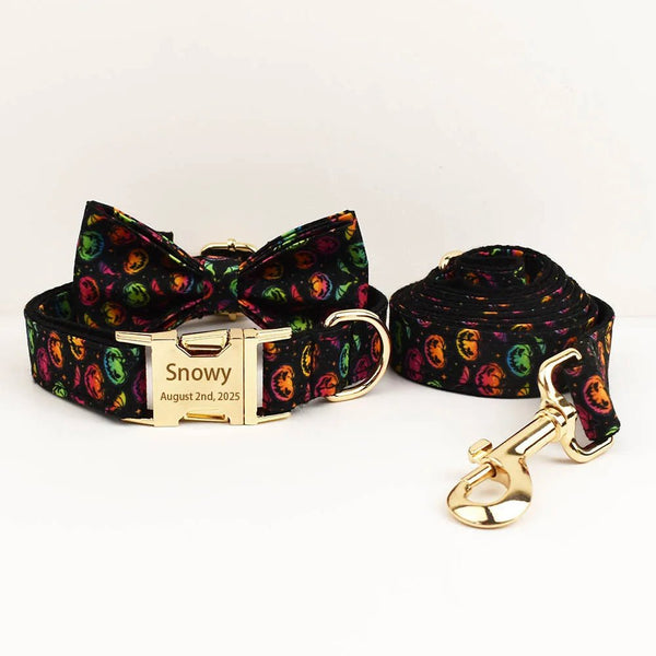 Petspuff Personalised Halloween Dog Collar, Harness & Lead Set – Free Engraved ID Nameplate & Bow | Style 2