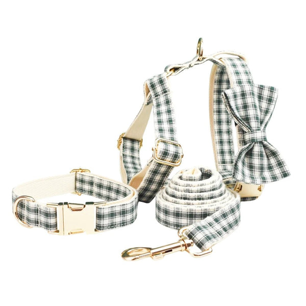 Petspuff Personalised Green Plaid Dog Collar, Harness & Lead Set – Engraved Name Tag & Bow
