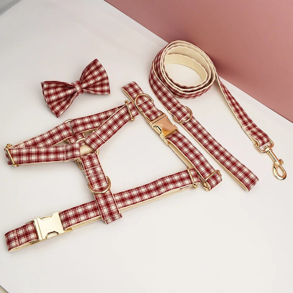 Petspuff Personalised Red Plaid Dog Collar, Harness & Lead Set – Engraved Name Tag & Bow | Christmas
