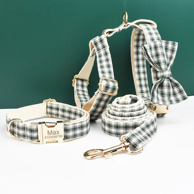 Petspuff Personalised Green Plaid Dog Collar, Harness & Lead Set – Engraved Name Tag & Bow - Petspuff