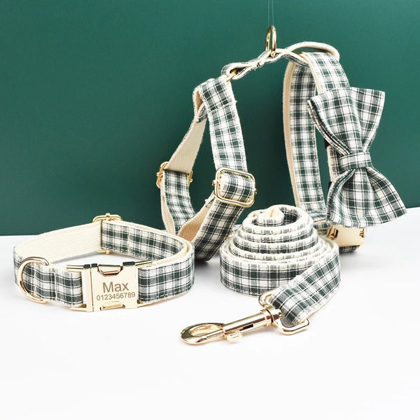 Petspuff Personalised Green Plaid Dog Collar, Harness & Lead Set – Engraved Name Tag & Bow