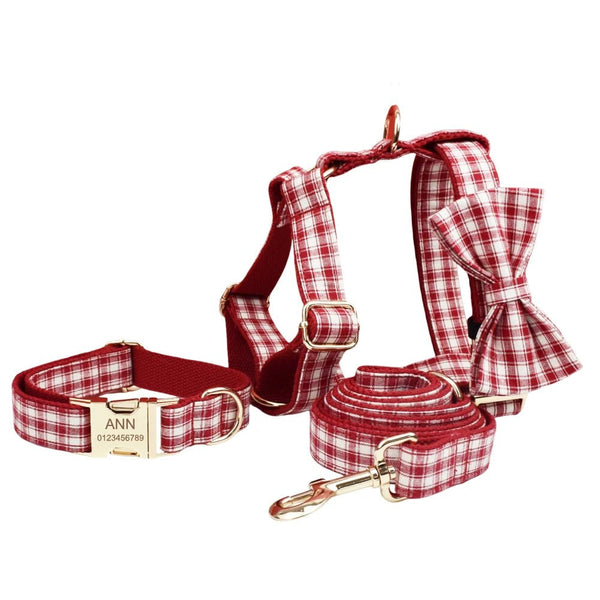 Petspuff Personalised Red Plaid Dog Collar, Harness & Lead Set – Engraved Name Tag & Bow | Style 28