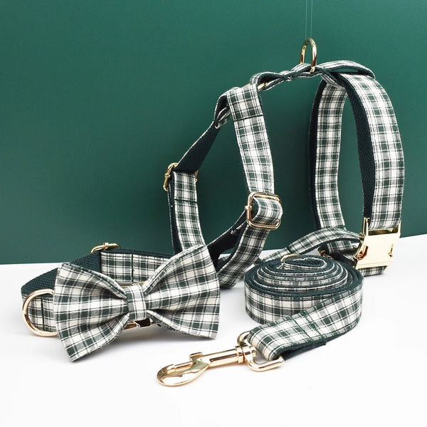Petspuff Personalised Plaid Dog Collar, Harness & Lead Set – Engraved Name Tag & Bow | Style 30