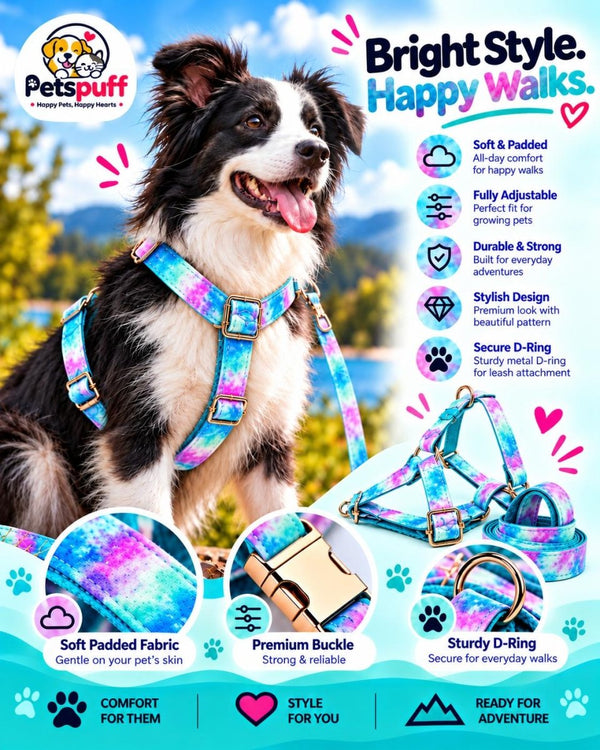Petspuff Sky Blue Step-In Harness & Lead Set – 2 Piece | Small Dogs, Puppies & Cats - Petspuff