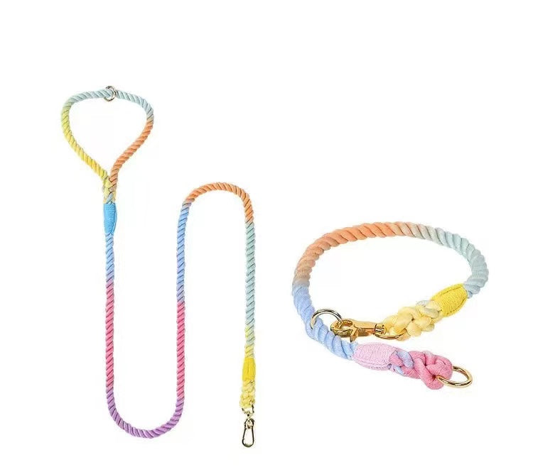 Petspuff Macaron Cotton Rope Dog Lead & Collar Set – Handmade Matching Leash, Solid Brass