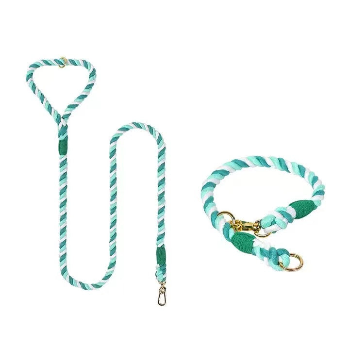 Petspuff Forest Love II Cotton Rope Dog Lead & Collar Set – Handmade Matching Leash, Solid Brass