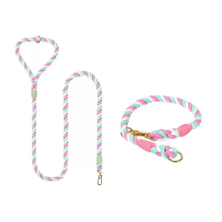 Petspuff Cotton Candy Cotton Rope Dog Lead & Collar Set – Handmade Matching Leash, Solid Brass