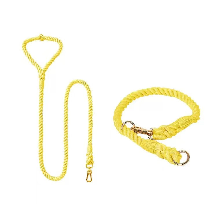 Petspuff Lemon Squeeze Cotton Rope Dog Lead & Collar Set – Handmade Matching Leash, Solid Brass