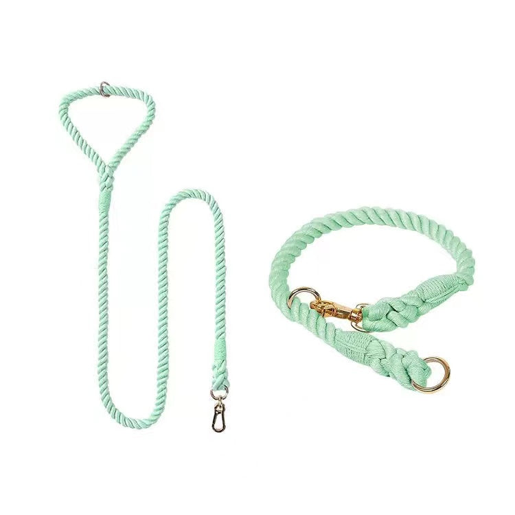 Petspuff Mint Green Cotton Rope Dog Lead & Collar Set – Handmade Matching Leash, Solid Brass
