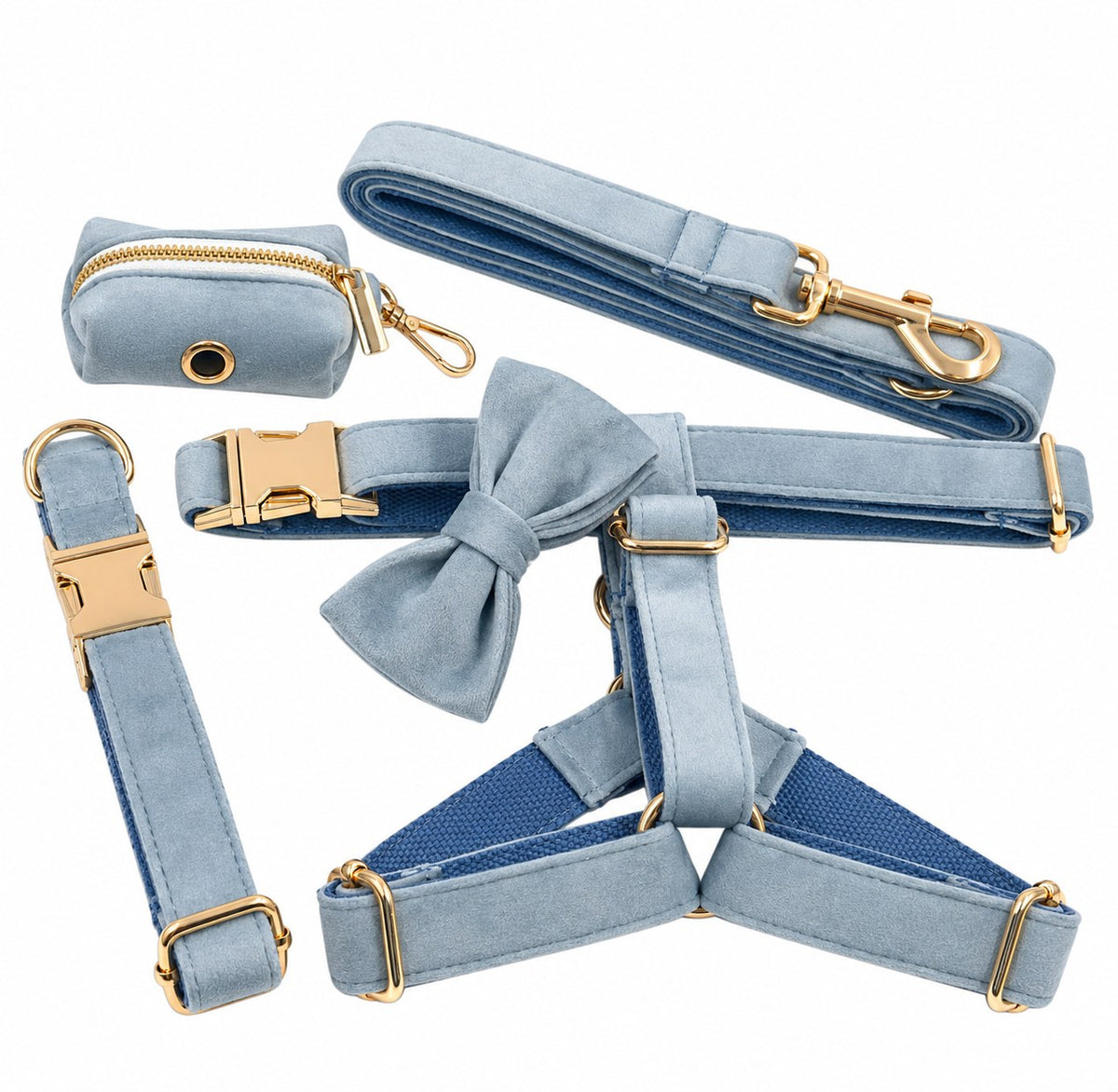 Petspuff Grey Blue Step-In Harness Set – 5 Piece with Lead, Collar, Bow & Poop Bag Holder | Small Dogs & Cats