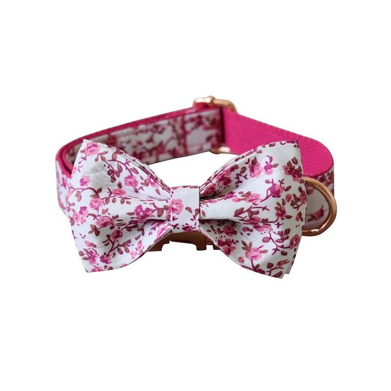 Petspuff Personalised Floral Bow Tie Dog Collar & 1.5m Lead – Metal Buckle, Engraved Name Tag - Petspuff