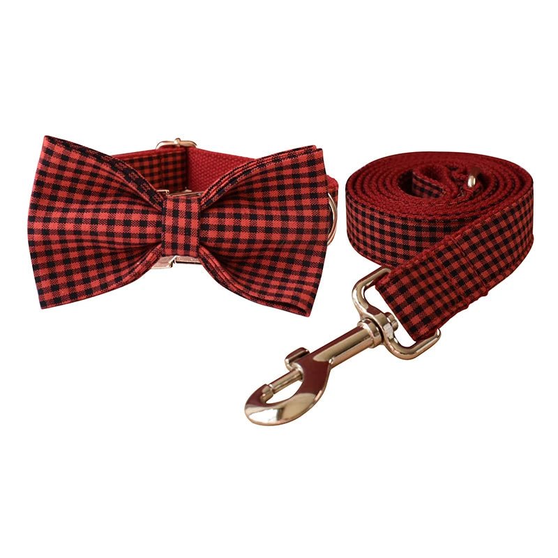 Petspuff Personalised Check Bow Dog Collar & Lead – Engraved Name Tag | French Bulldog to Labrador