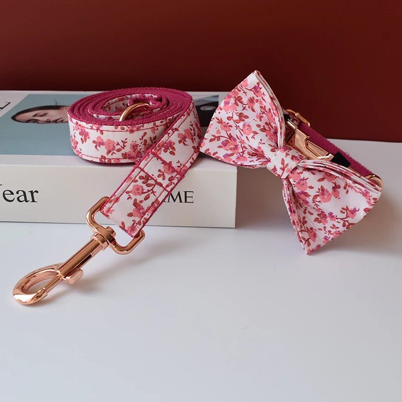 Petspuff Personalised Floral Bow Tie Dog Collar & 1.5m Lead – Metal Buckle, Engraved Name Tag - Petspuff