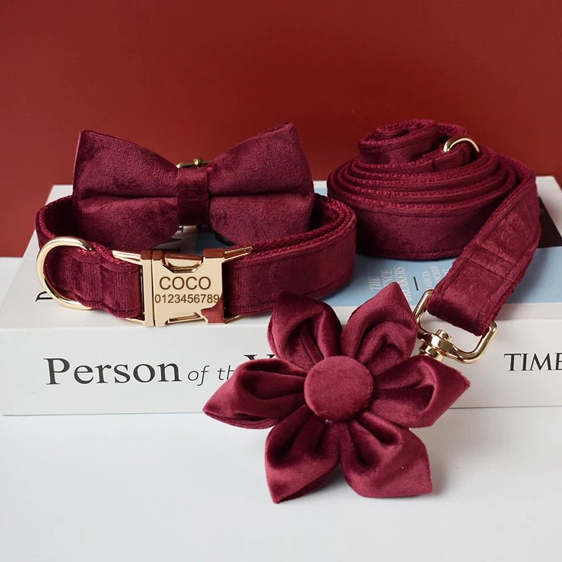 Petspuff Personalised Velvet Dog Collar with Flower or Bow & Lead – Gold Buckle, Engraved Name Tag - Petspuff