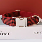 Petspuff Personalised Check Bow Dog Collar & Lead – Engraved Name Tag | French Bulldog to Labrador