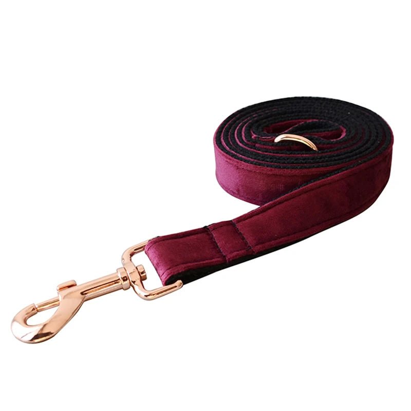 Petspuff Personalised Wine Velvet Dog Collar & Lead with Bow – Engraved Name Tag | S–XL - Petspuff