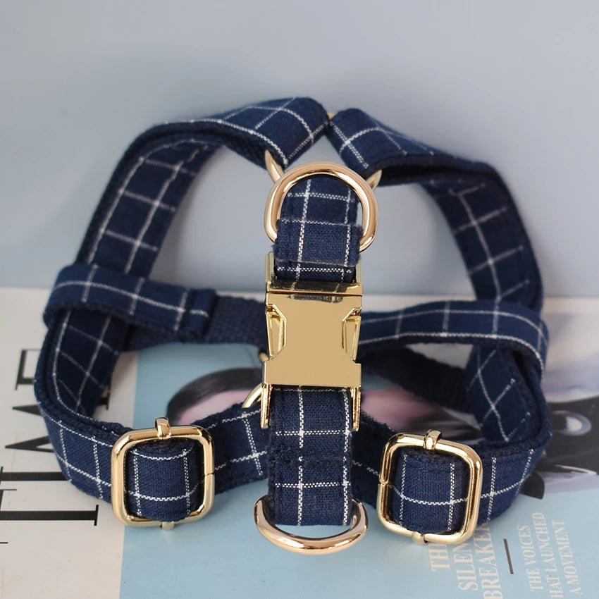 Petspuff Personalised Deep Blue Plaid Dog Harness & Lead – Engraved ID Tag | S–XL - Petspuff