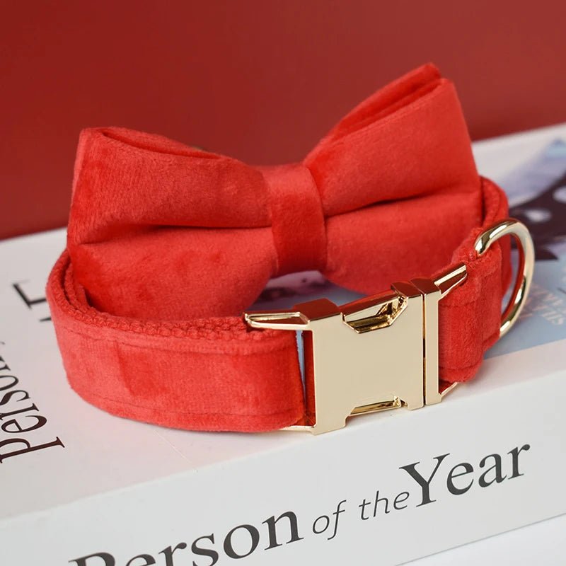 Petspuff Personalised Red Velvet Dog Collar & Lead with Bow – Gold Hardware, Engraved Name Tag - Petspuff