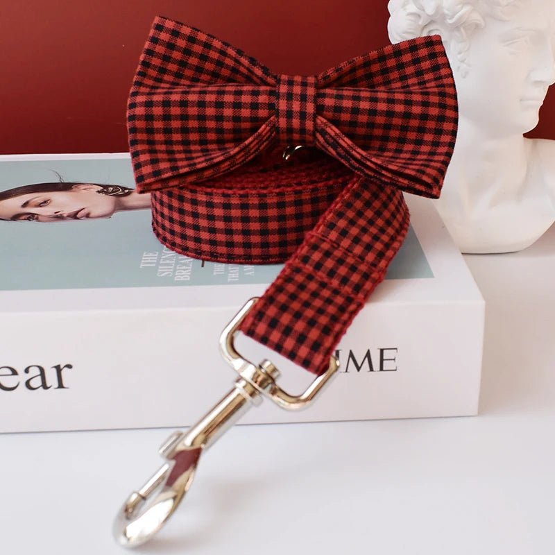 Petspuff Personalised Check Bow Dog Collar & Lead – Engraved Name Tag | French Bulldog to Labrador