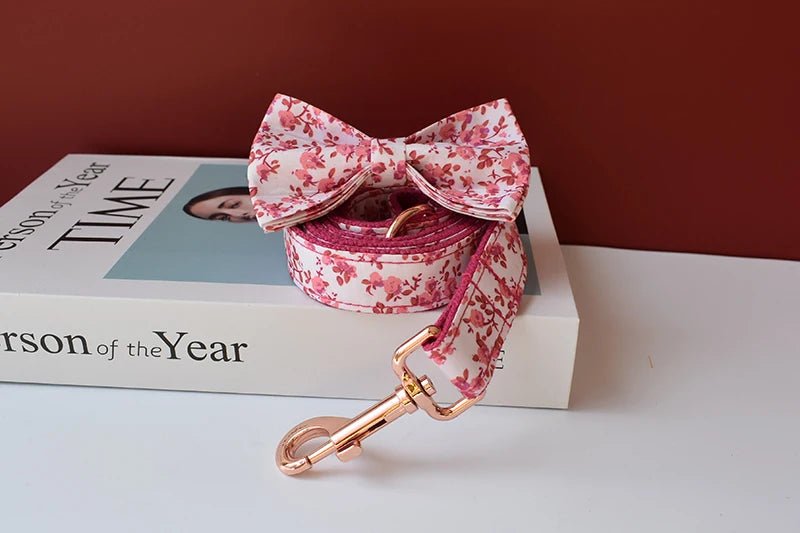Petspuff Personalised Floral Bow Tie Dog Collar & 1.5m Lead – Metal Buckle, Engraved Name Tag - Petspuff