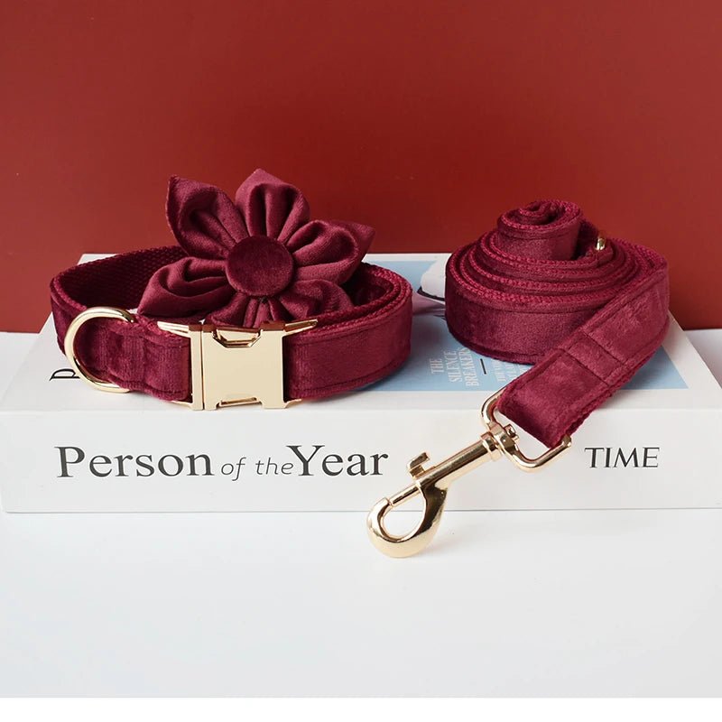 Petspuff Personalised Velvet Dog Collar with Flower or Bow & Lead – Gold Buckle, Engraved Name Tag - Petspuff