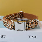 Petspuff Personalised Leopard Print Bow Tie Dog Collar & Lead – Engraved Name Tag | S–XL