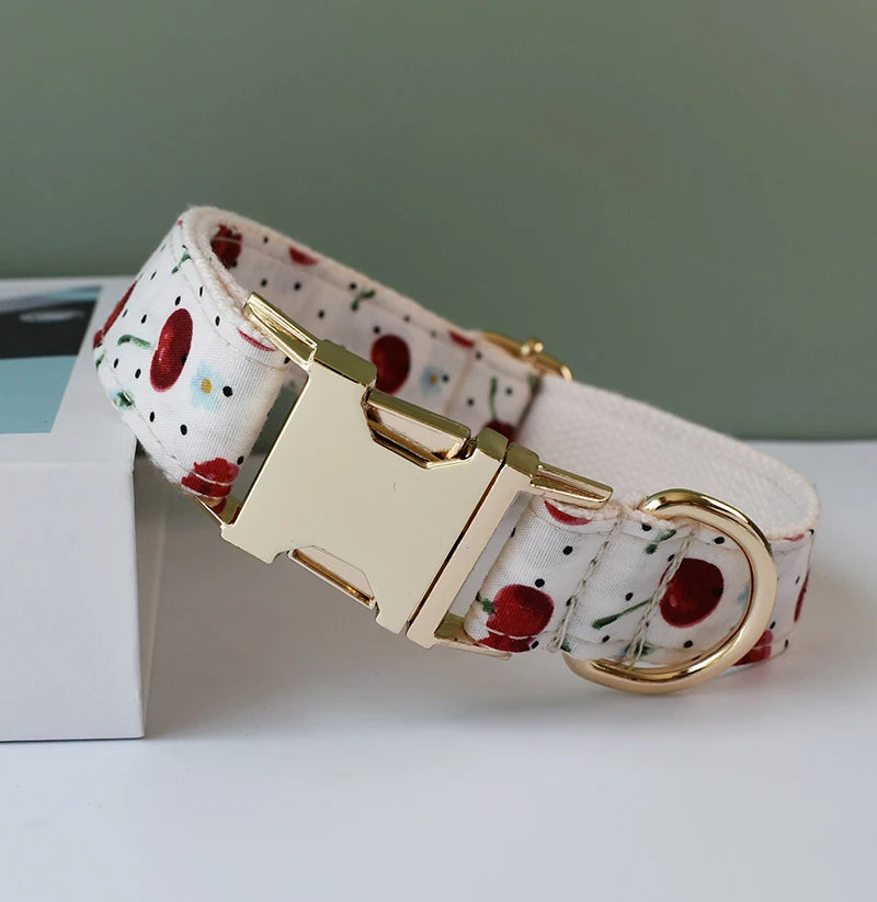 Petspuff Personalised Fruit Print Dog Collar & Lead with Bow Tie – Engraved Name Tag | S–XL
