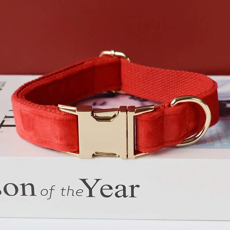 Petspuff Personalised Red Velvet Dog Collar & Lead with Bow – Gold Hardware, Engraved Name Tag - Petspuff