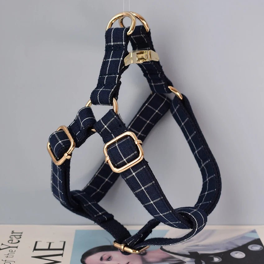 Petspuff Personalised Deep Blue Plaid Dog Harness & Lead – Engraved ID Tag | S–XL - Petspuff