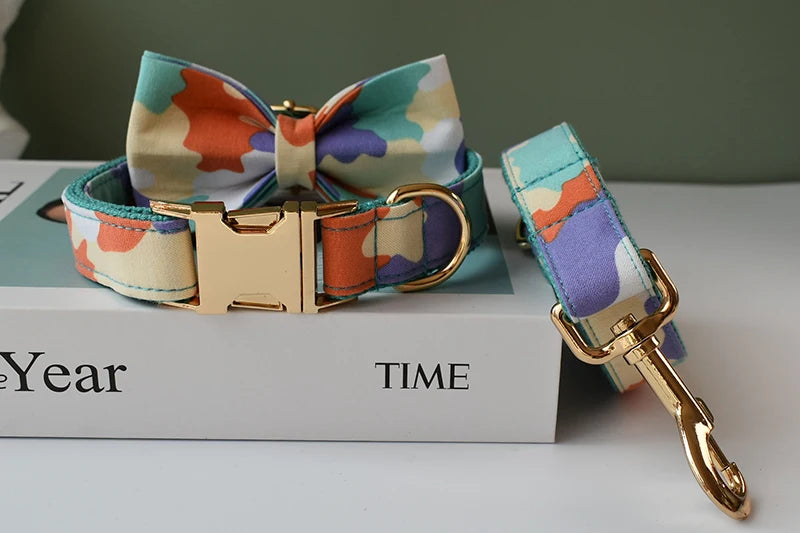 Petspuff Personalised Camo Dog Collar & Lead with Bow Tie – Metal Buckle, Engraved Name Tag | Medium & Big Dogs