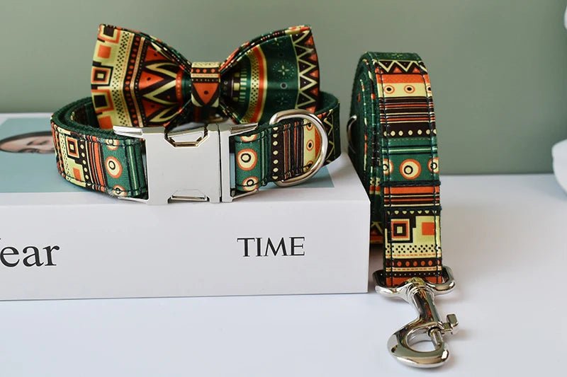 Petspuff Personalised Boho Print Dog Collar & Lead with Bow – Free Engraved Name Tag | Large Breeds