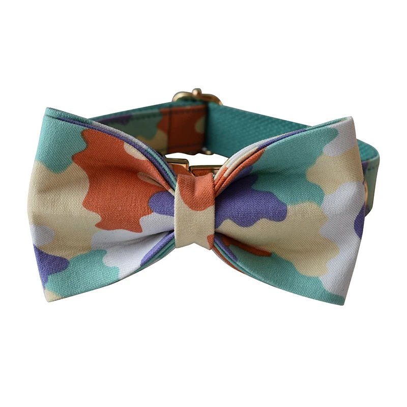 Petspuff Personalised Camo Dog Collar & Lead with Bow Tie – Metal Buckle, Engraved Name Tag | Medium & Big Dogs