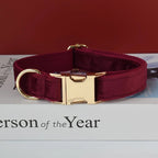 Petspuff Personalised Velvet Dog Collar with Flower or Bow & Lead – Gold Buckle, Engraved Name Tag - Petspuff