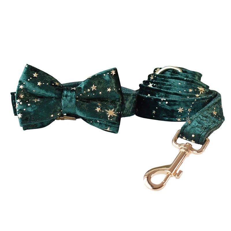 Petspuff Personalised Green & Burgundy Velvet Dog Collar & Lead – Engraved Name Tag, Bow | S–XL - Petspuff