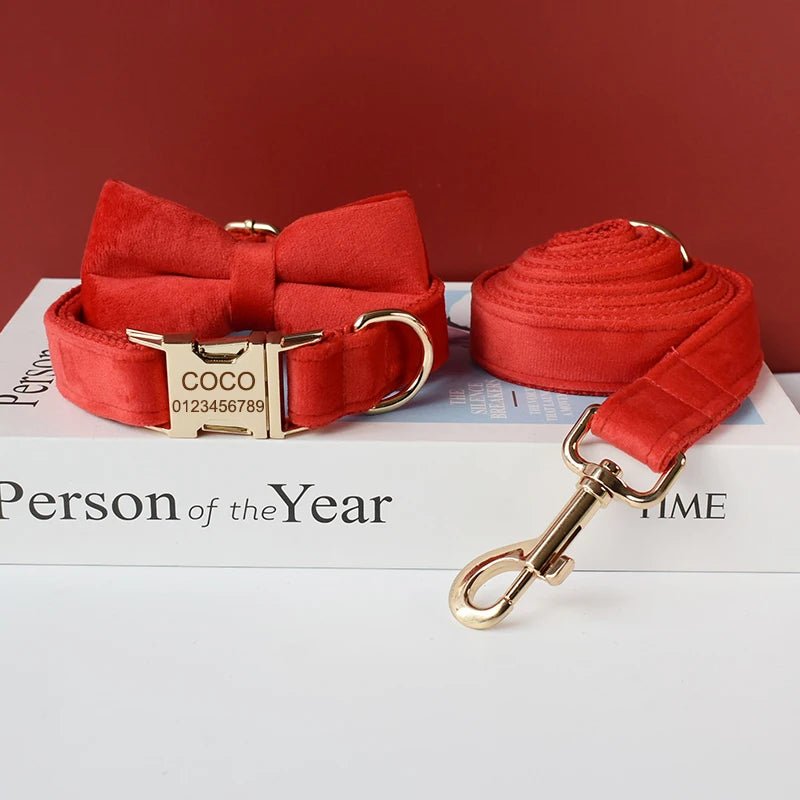 Petspuff Personalised Red Velvet Dog Collar & Lead with Bow – Gold Hardware, Engraved Name Tag - Petspuff