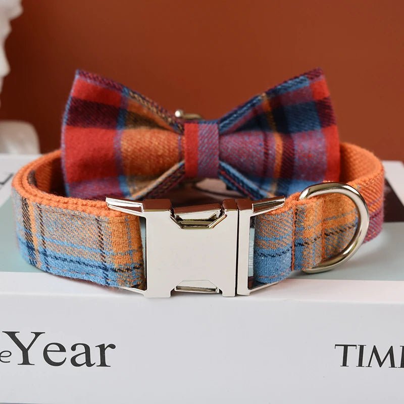 Petspuff Personalised Check Dog Collar & Lead with Bow – Engraved Name Tag | S–XL