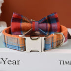 Petspuff Personalised Check Dog Collar & Lead with Bow – Engraved Name Tag | S–XL