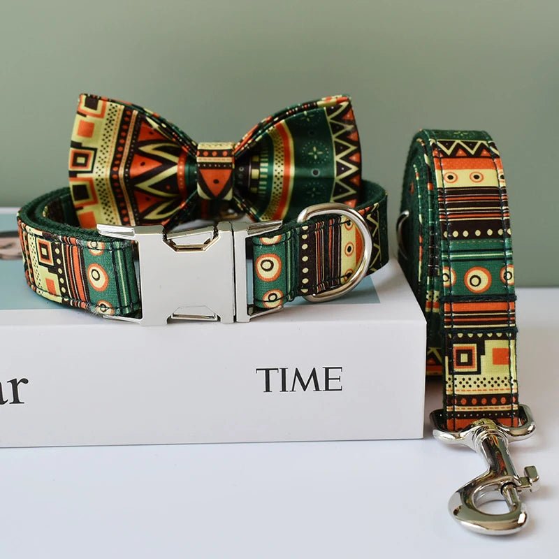 Petspuff Personalised Boho Print Dog Collar & Lead with Bow – Free Engraved Name Tag | Large Breeds