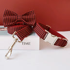 Petspuff Personalised Check Bow Dog Collar & Lead – Engraved Name Tag | French Bulldog to Labrador