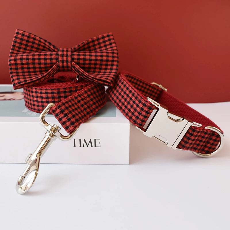 Petspuff Personalised Check Bow Dog Collar & Lead – Engraved Name Tag | French Bulldog to Labrador