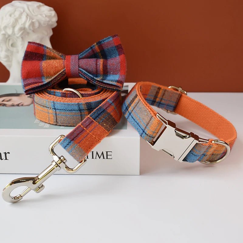 Petspuff Personalised Check Dog Collar & Lead with Bow – Engraved Name Tag | S–XL