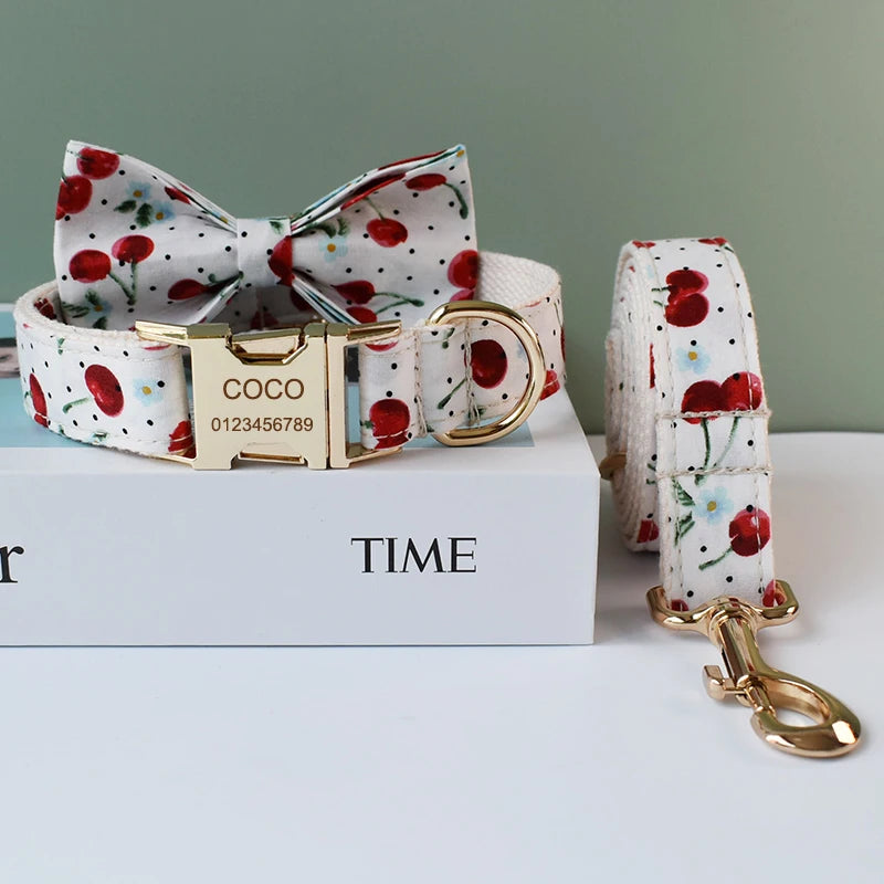 Petspuff Personalised Fruit Print Dog Collar & Lead with Bow Tie – Engraved Name Tag | S–XL