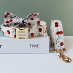 Petspuff Personalised Fruit Print Dog Collar & Lead with Bow Tie – Engraved Name Tag | S–XL