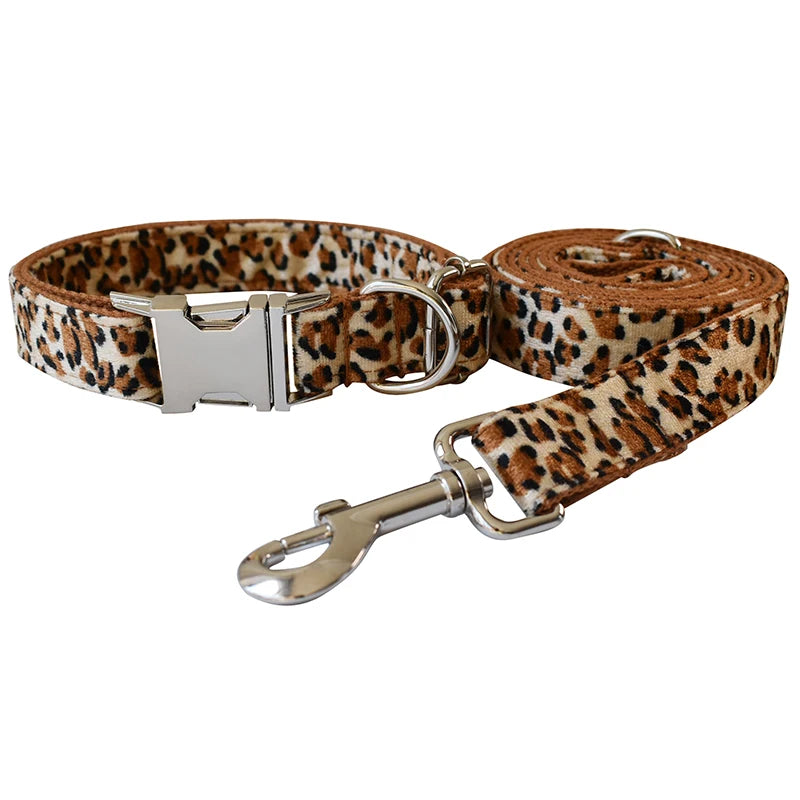 Petspuff Personalised Leopard Print Bow Tie Dog Collar & Lead – Engraved Name Tag | S–XL