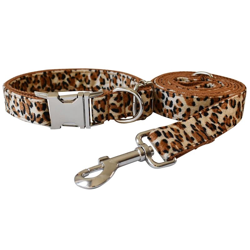 Petspuff Personalised Leopard Print Bow Tie Dog Collar & Lead – Engraved Name Tag | S–XL