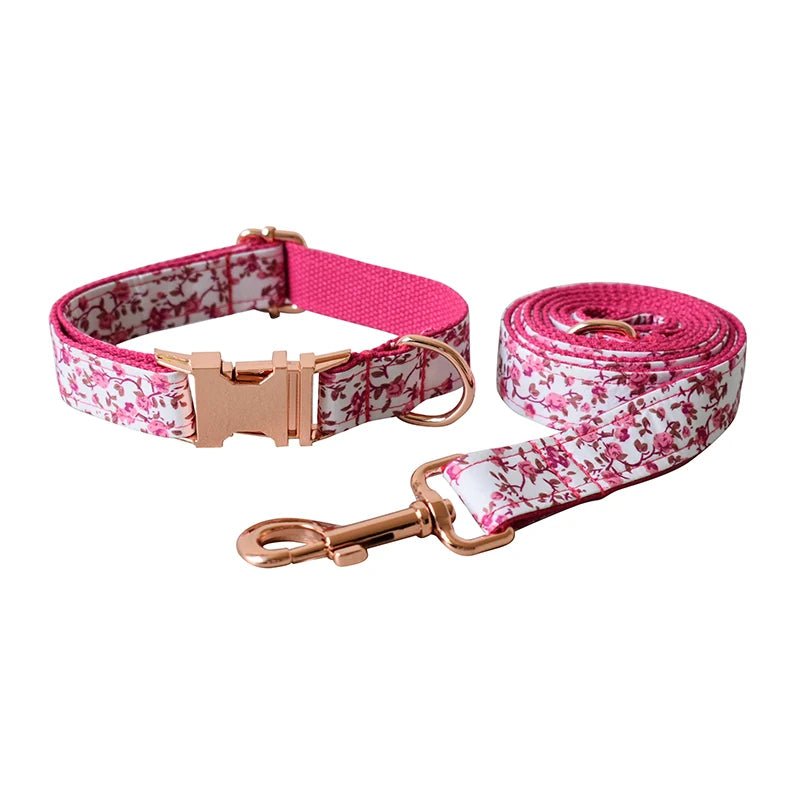 Petspuff Personalised Floral Bow Tie Dog Collar & 1.5m Lead – Metal Buckle, Engraved Name Tag - Petspuff