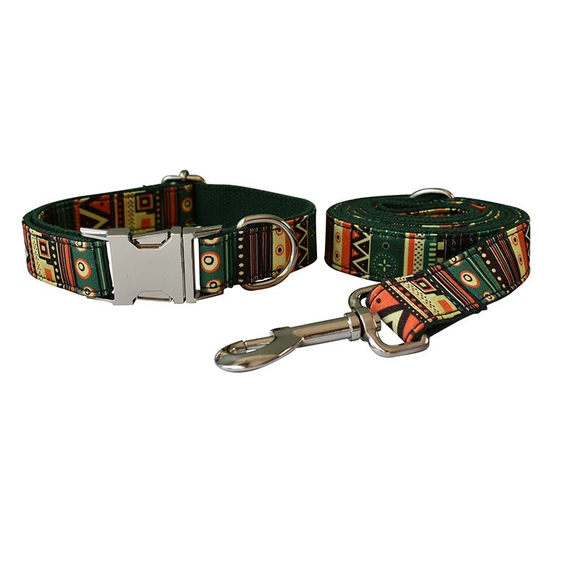 Petspuff Personalised Boho Print Dog Collar & Lead with Bow – Free Engraved Name Tag | Large Breeds